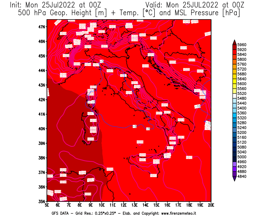 Mappa di analisi GFS - Geopotenziale [m] + Temp. [°C] a 500 hPa + Press. a livello del mare [hPa] in Italia
							del 25/07/2022 00 <!--googleoff: index-->UTC<!--googleon: index-->