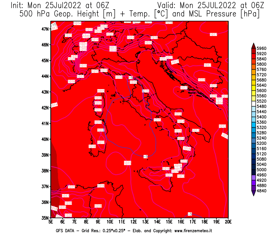 Mappa di analisi GFS - Geopotenziale [m] + Temp. [°C] a 500 hPa + Press. a livello del mare [hPa] in Italia
							del 25/07/2022 06 <!--googleoff: index-->UTC<!--googleon: index-->