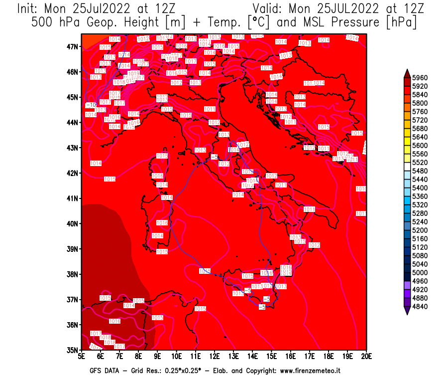 Mappa di analisi GFS - Geopotenziale [m] + Temp. [°C] a 500 hPa + Press. a livello del mare [hPa] in Italia
							del 25/07/2022 12 <!--googleoff: index-->UTC<!--googleon: index-->