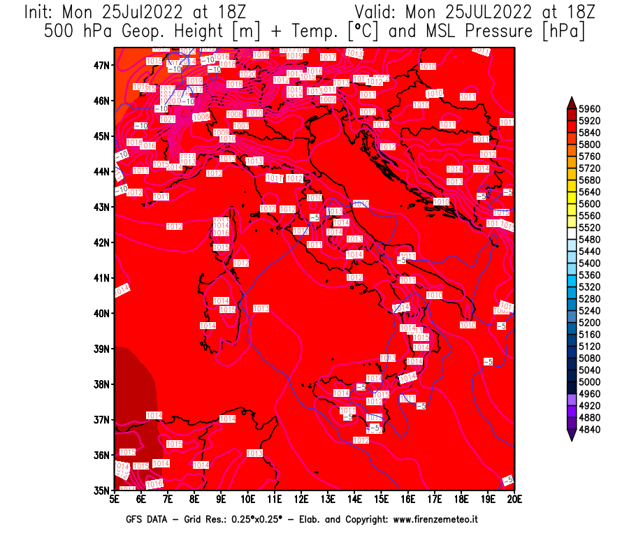 Mappa di analisi GFS - Geopotenziale [m] + Temp. [°C] a 500 hPa + Press. a livello del mare [hPa] in Italia
							del 25/07/2022 18 <!--googleoff: index-->UTC<!--googleon: index-->