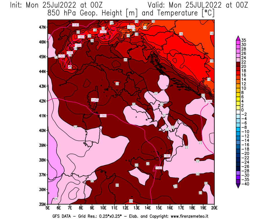 Mappa di analisi GFS - Geopotenziale [m] e Temperatura [°C] a 850 hPa in Italia
							del 25/07/2022 00 <!--googleoff: index-->UTC<!--googleon: index-->