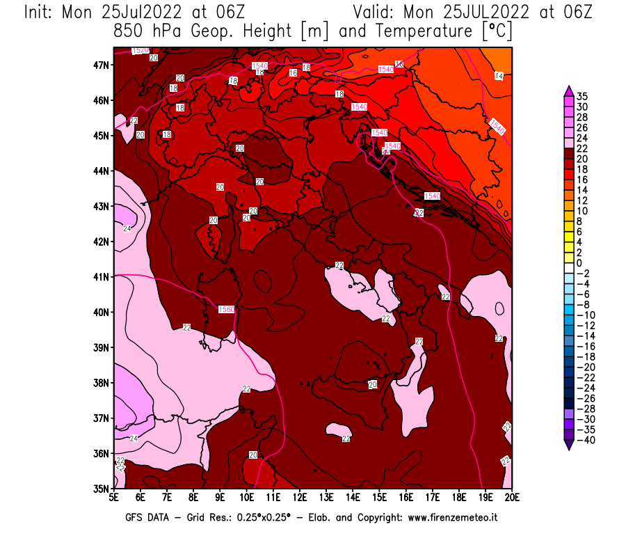Mappa di analisi GFS - Geopotenziale [m] e Temperatura [°C] a 850 hPa in Italia
							del 25/07/2022 06 <!--googleoff: index-->UTC<!--googleon: index-->