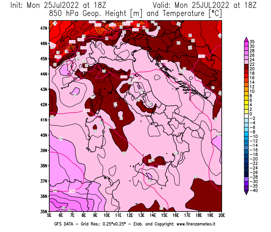 Mappa di analisi GFS - Geopotenziale [m] e Temperatura [°C] a 850 hPa in Italia
							del 25/07/2022 18 <!--googleoff: index-->UTC<!--googleon: index-->