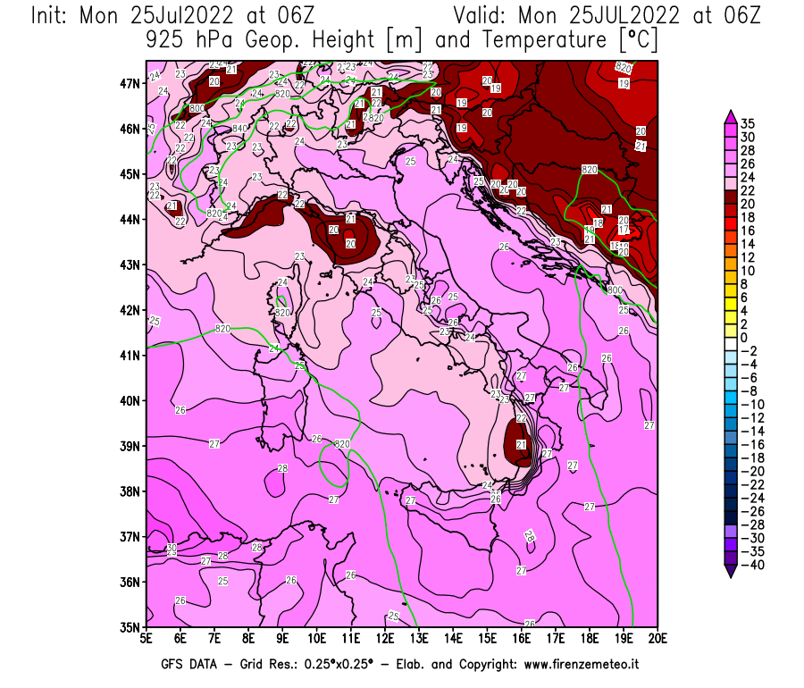 Mappa di analisi GFS - Geopotenziale [m] e Temperatura [°C] a 925 hPa in Italia
							del 25/07/2022 06 <!--googleoff: index-->UTC<!--googleon: index-->
