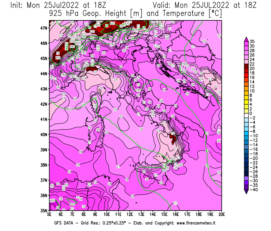 Mappa di analisi GFS - Geopotenziale [m] e Temperatura [°C] a 925 hPa in Italia
							del 25/07/2022 18 <!--googleoff: index-->UTC<!--googleon: index-->