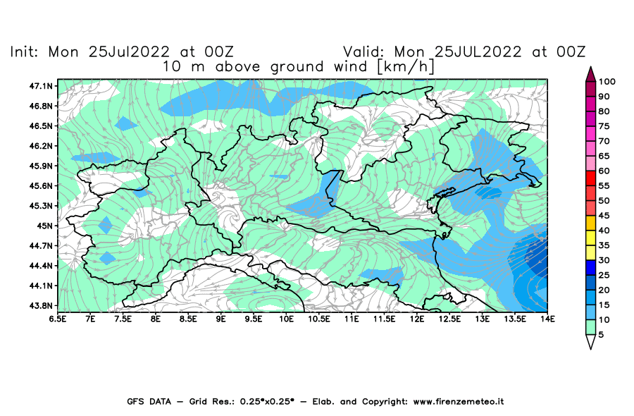 Mappa di analisi GFS - Velocità del vento a 10 metri dal suolo [km/h] in Nord-Italia
							del 25/07/2022 00 <!--googleoff: index-->UTC<!--googleon: index-->