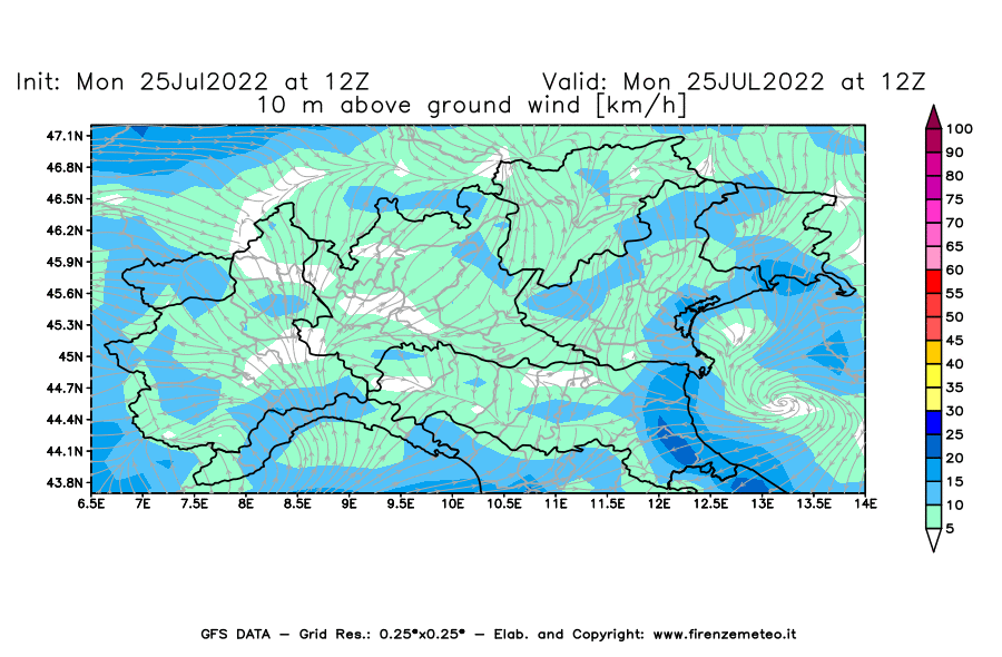 Mappa di analisi GFS - Velocità del vento a 10 metri dal suolo [km/h] in Nord-Italia
							del 25/07/2022 12 <!--googleoff: index-->UTC<!--googleon: index-->