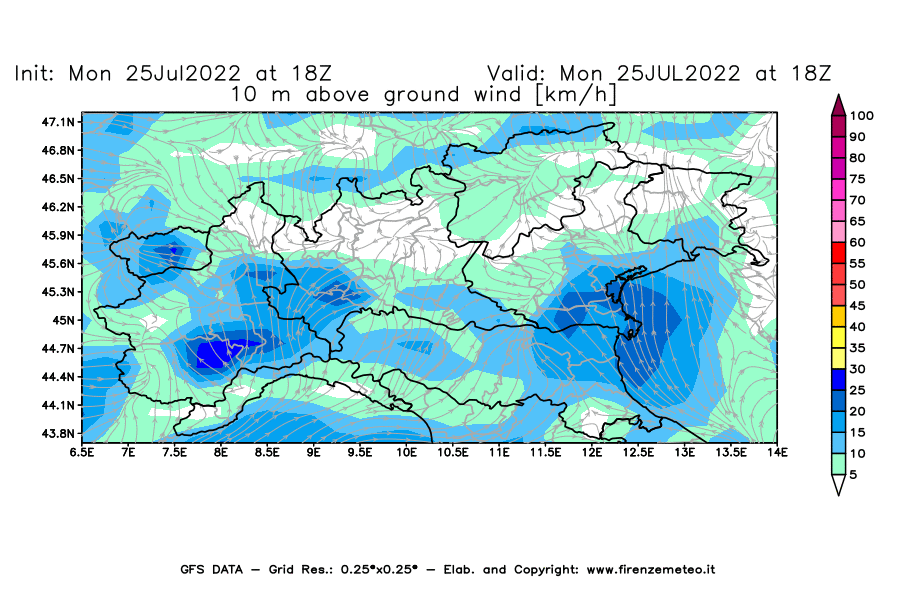 Mappa di analisi GFS - Velocità del vento a 10 metri dal suolo [km/h] in Nord-Italia
							del 25/07/2022 18 <!--googleoff: index-->UTC<!--googleon: index-->