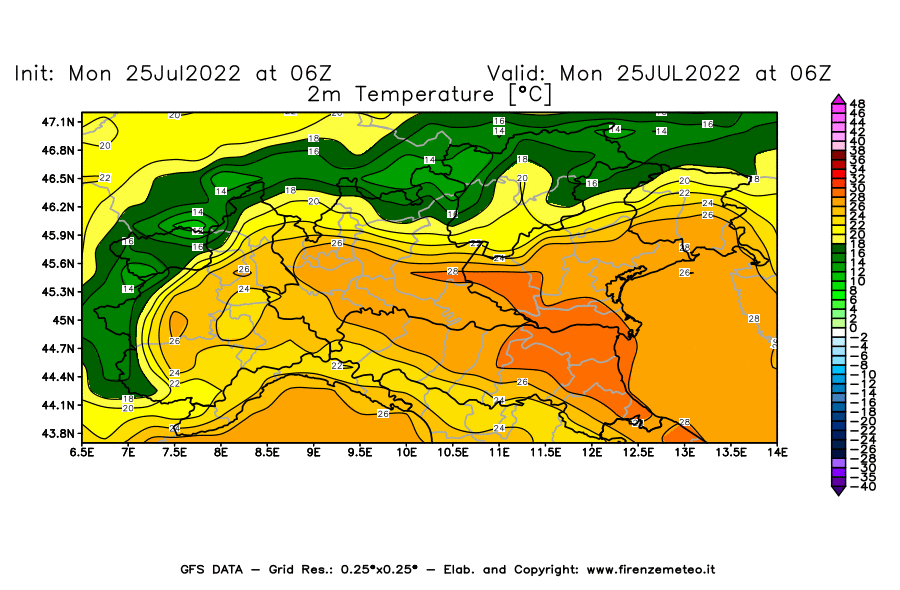 Mappa di analisi GFS - Temperatura a 2 metri dal suolo [°C] in Nord-Italia
							del 25/07/2022 06 <!--googleoff: index-->UTC<!--googleon: index-->