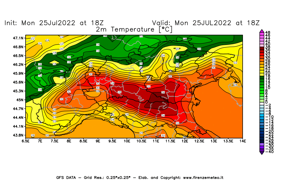 Mappa di analisi GFS - Temperatura a 2 metri dal suolo [°C] in Nord-Italia
							del 25/07/2022 18 <!--googleoff: index-->UTC<!--googleon: index-->