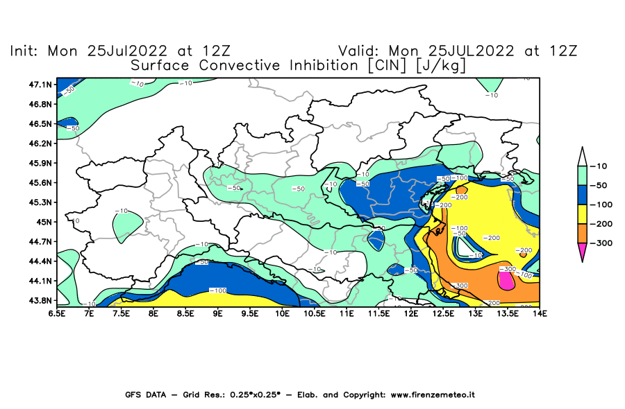 Mappa di analisi GFS - CIN [J/kg] in Nord-Italia
							del 25/07/2022 12 <!--googleoff: index-->UTC<!--googleon: index-->
