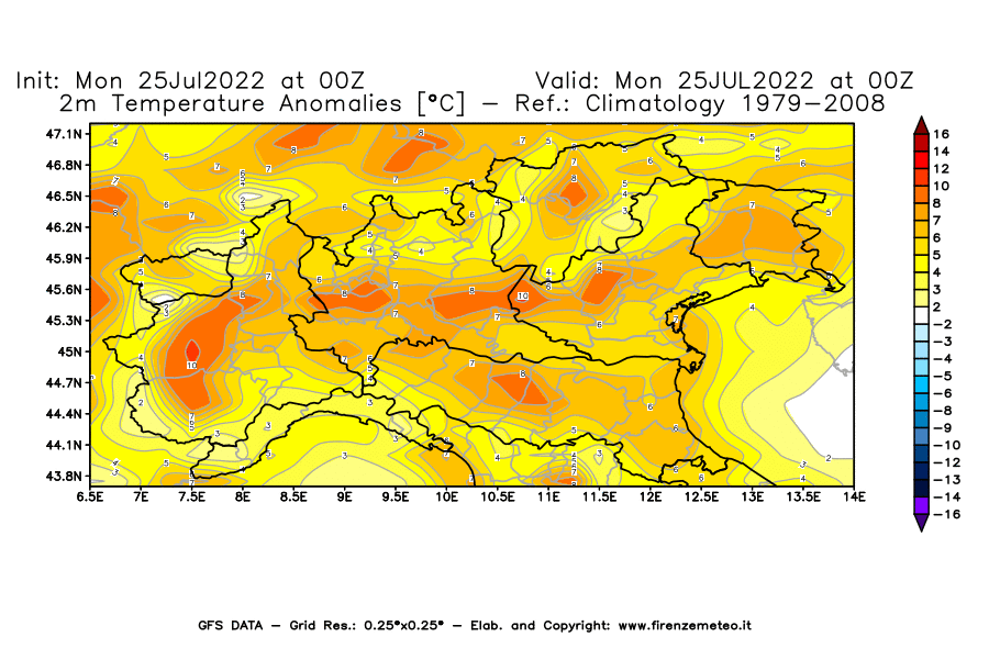 Mappa di analisi GFS - Anomalia Temperatura [°C] a 2 m in Nord-Italia
							del 25/07/2022 00 <!--googleoff: index-->UTC<!--googleon: index-->