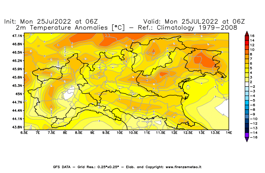 Mappa di analisi GFS - Anomalia Temperatura [°C] a 2 m in Nord-Italia
							del 25/07/2022 06 <!--googleoff: index-->UTC<!--googleon: index-->