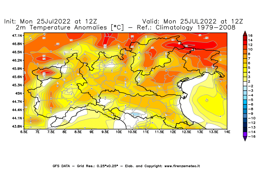 Mappa di analisi GFS - Anomalia Temperatura [°C] a 2 m in Nord-Italia
							del 25/07/2022 12 <!--googleoff: index-->UTC<!--googleon: index-->
