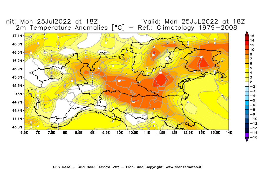 Mappa di analisi GFS - Anomalia Temperatura [°C] a 2 m in Nord-Italia
							del 25/07/2022 18 <!--googleoff: index-->UTC<!--googleon: index-->