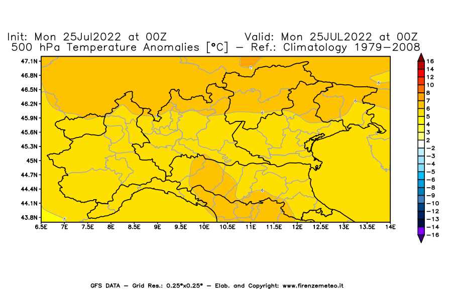 Mappa di analisi GFS - Anomalia Temperatura [°C] a 500 hPa in Nord-Italia
							del 25/07/2022 00 <!--googleoff: index-->UTC<!--googleon: index-->