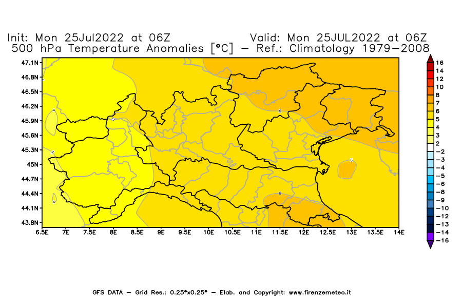 Mappa di analisi GFS - Anomalia Temperatura [°C] a 500 hPa in Nord-Italia
							del 25/07/2022 06 <!--googleoff: index-->UTC<!--googleon: index-->