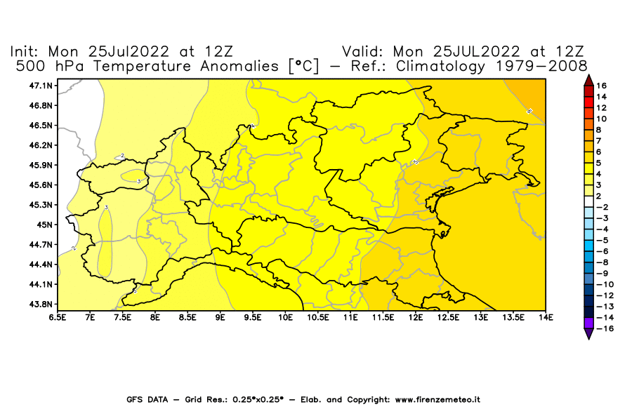 Mappa di analisi GFS - Anomalia Temperatura [°C] a 500 hPa in Nord-Italia
							del 25/07/2022 12 <!--googleoff: index-->UTC<!--googleon: index-->