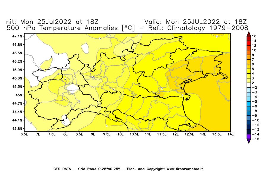 Mappa di analisi GFS - Anomalia Temperatura [°C] a 500 hPa in Nord-Italia
							del 25/07/2022 18 <!--googleoff: index-->UTC<!--googleon: index-->