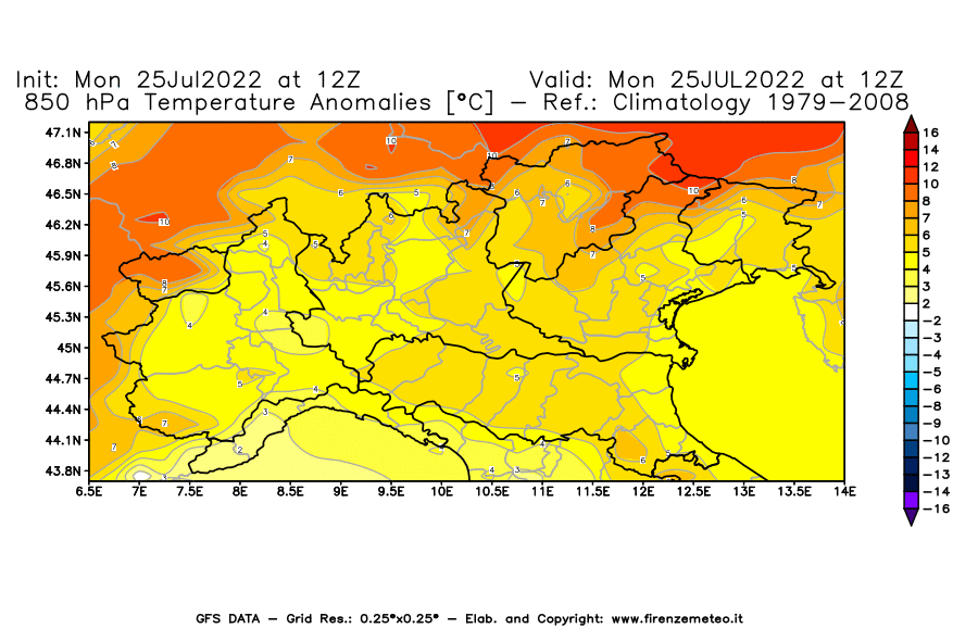 Mappa di analisi GFS - Anomalia Temperatura [°C] a 850 hPa in Nord-Italia
							del 25/07/2022 12 <!--googleoff: index-->UTC<!--googleon: index-->