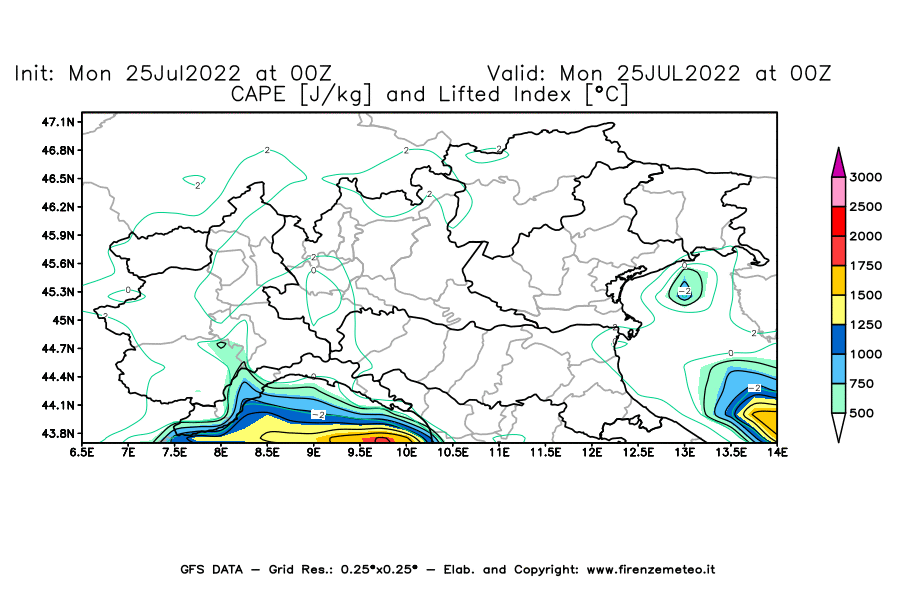 Mappa di analisi GFS - CAPE [J/kg] e Lifted Index [°C] in Nord-Italia
							del 25/07/2022 00 <!--googleoff: index-->UTC<!--googleon: index-->