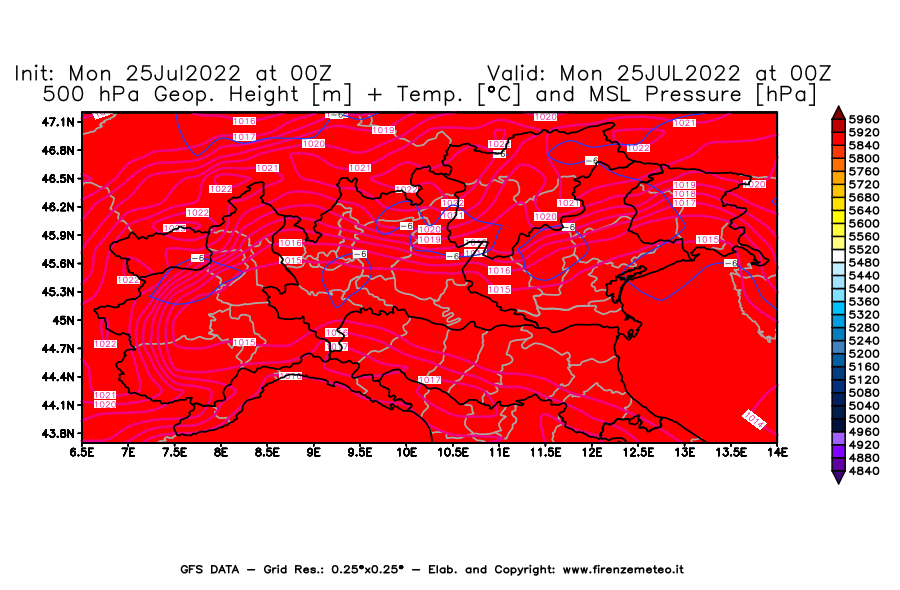 Mappa di analisi GFS - Geopotenziale [m] + Temp. [°C] a 500 hPa + Press. a livello del mare [hPa] in Nord-Italia
							del 25/07/2022 00 <!--googleoff: index-->UTC<!--googleon: index-->