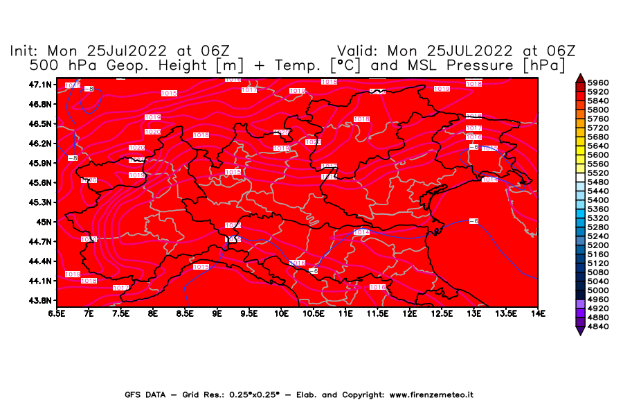 Mappa di analisi GFS - Geopotenziale [m] + Temp. [°C] a 500 hPa + Press. a livello del mare [hPa] in Nord-Italia
							del 25/07/2022 06 <!--googleoff: index-->UTC<!--googleon: index-->