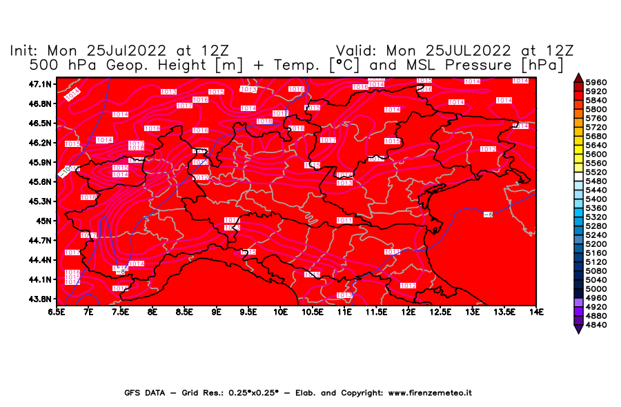 Mappa di analisi GFS - Geopotenziale [m] + Temp. [°C] a 500 hPa + Press. a livello del mare [hPa] in Nord-Italia
							del 25/07/2022 12 <!--googleoff: index-->UTC<!--googleon: index-->
