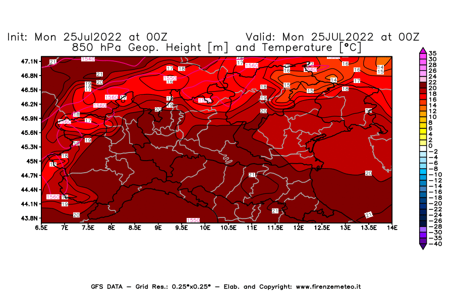 Mappa di analisi GFS - Geopotenziale [m] e Temperatura [°C] a 850 hPa in Nord-Italia
							del 25/07/2022 00 <!--googleoff: index-->UTC<!--googleon: index-->