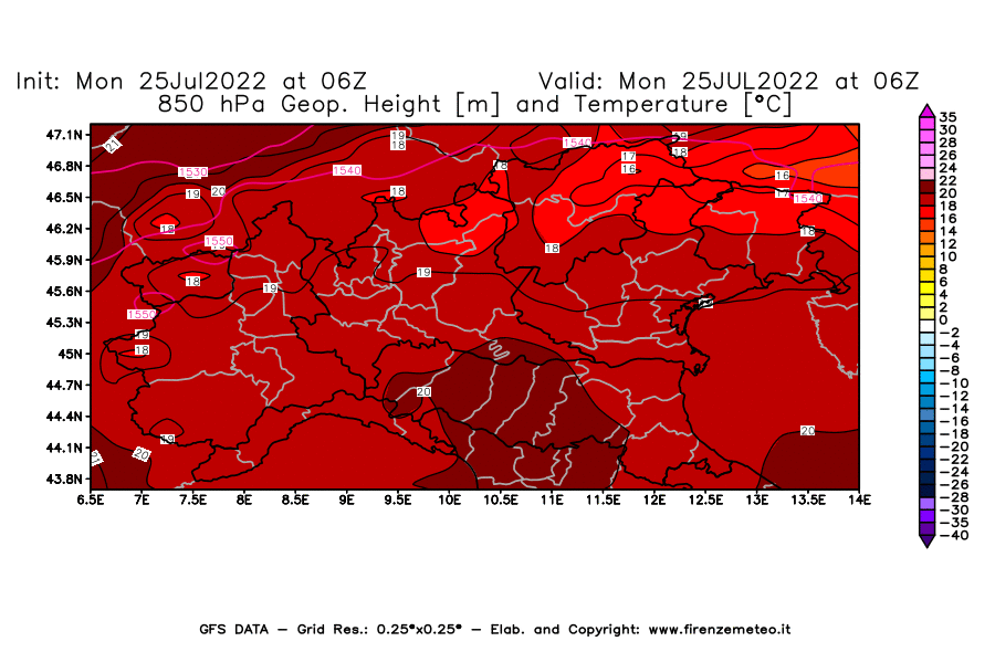 Mappa di analisi GFS - Geopotenziale [m] e Temperatura [°C] a 850 hPa in Nord-Italia
							del 25/07/2022 06 <!--googleoff: index-->UTC<!--googleon: index-->