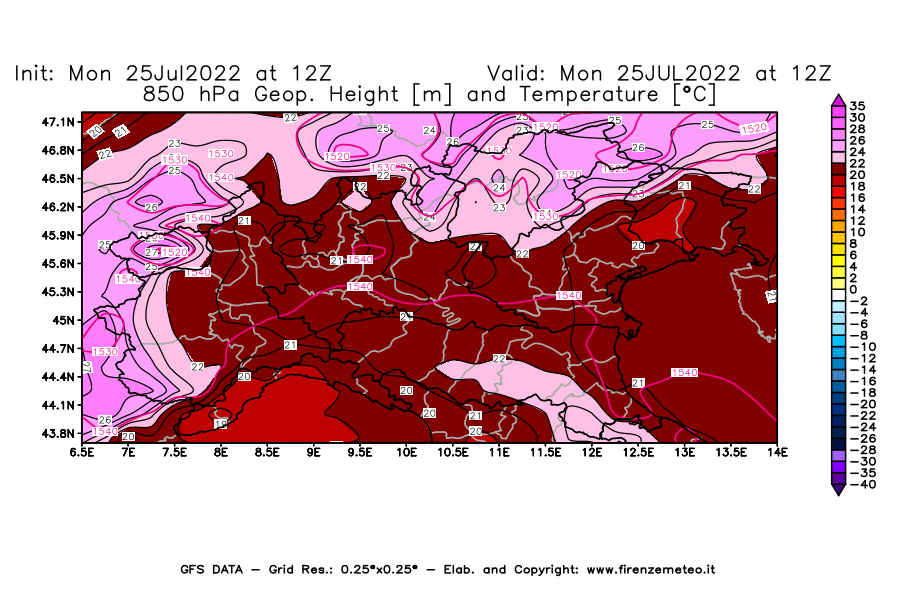 Mappa di analisi GFS - Geopotenziale [m] e Temperatura [°C] a 850 hPa in Nord-Italia
							del 25/07/2022 12 <!--googleoff: index-->UTC<!--googleon: index-->