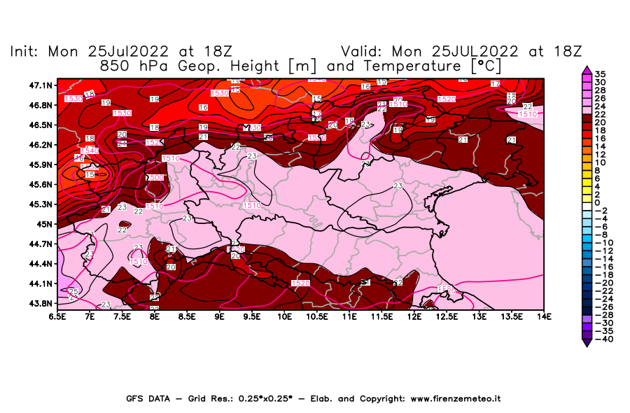 Mappa di analisi GFS - Geopotenziale [m] e Temperatura [°C] a 850 hPa in Nord-Italia
							del 25/07/2022 18 <!--googleoff: index-->UTC<!--googleon: index-->