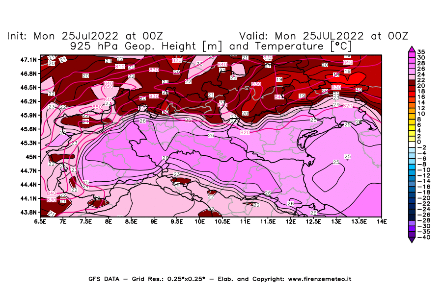 Mappa di analisi GFS - Geopotenziale [m] e Temperatura [°C] a 925 hPa in Nord-Italia
							del 25/07/2022 00 <!--googleoff: index-->UTC<!--googleon: index-->
