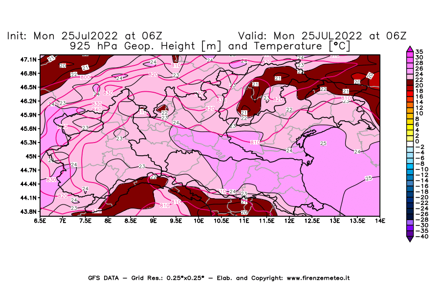 Mappa di analisi GFS - Geopotenziale [m] e Temperatura [°C] a 925 hPa in Nord-Italia
							del 25/07/2022 06 <!--googleoff: index-->UTC<!--googleon: index-->
