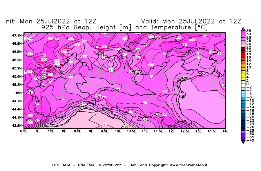 Mappa di analisi GFS - Geopotenziale [m] e Temperatura [°C] a 925 hPa in Nord-Italia
							del 25/07/2022 12 <!--googleoff: index-->UTC<!--googleon: index-->