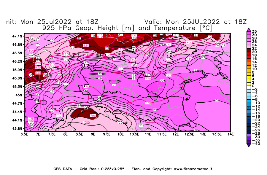 Mappa di analisi GFS - Geopotenziale [m] e Temperatura [°C] a 925 hPa in Nord-Italia
							del 25/07/2022 18 <!--googleoff: index-->UTC<!--googleon: index-->
