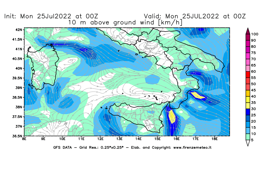 Mappa di analisi GFS - Velocità del vento a 10 metri dal suolo [km/h] in Sud-Italia
							del 25/07/2022 00 <!--googleoff: index-->UTC<!--googleon: index-->