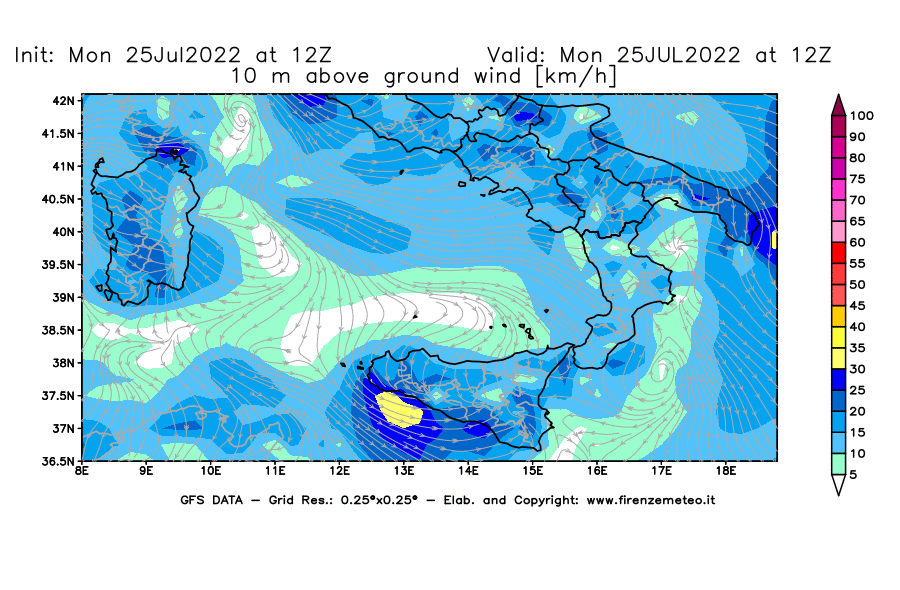 Mappa di analisi GFS - Velocità del vento a 10 metri dal suolo [km/h] in Sud-Italia
							del 25/07/2022 12 <!--googleoff: index-->UTC<!--googleon: index-->