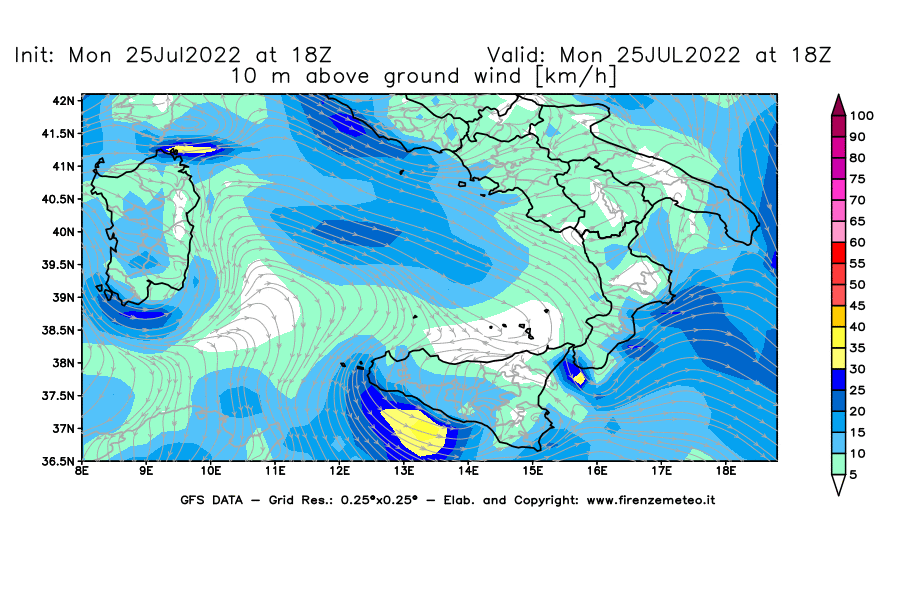 Mappa di analisi GFS - Velocità del vento a 10 metri dal suolo [km/h] in Sud-Italia
							del 25/07/2022 18 <!--googleoff: index-->UTC<!--googleon: index-->
