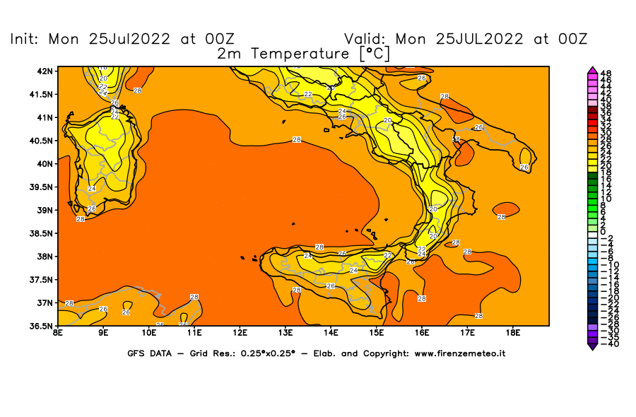Mappa di analisi GFS - Temperatura a 2 metri dal suolo [°C] in Sud-Italia
							del 25/07/2022 00 <!--googleoff: index-->UTC<!--googleon: index-->