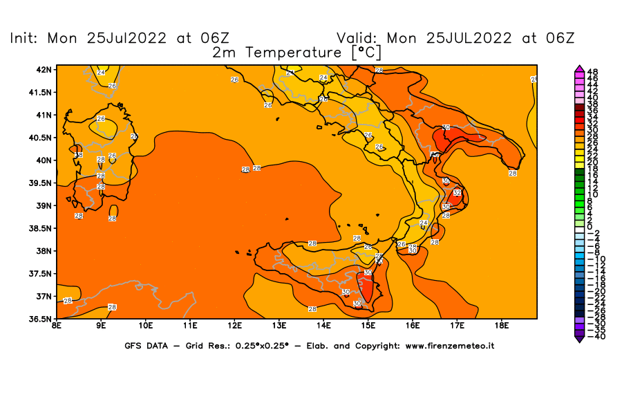 Mappa di analisi GFS - Temperatura a 2 metri dal suolo [°C] in Sud-Italia
							del 25/07/2022 06 <!--googleoff: index-->UTC<!--googleon: index-->