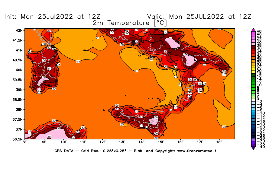 Mappa di analisi GFS - Temperatura a 2 metri dal suolo [°C] in Sud-Italia
							del 25/07/2022 12 <!--googleoff: index-->UTC<!--googleon: index-->