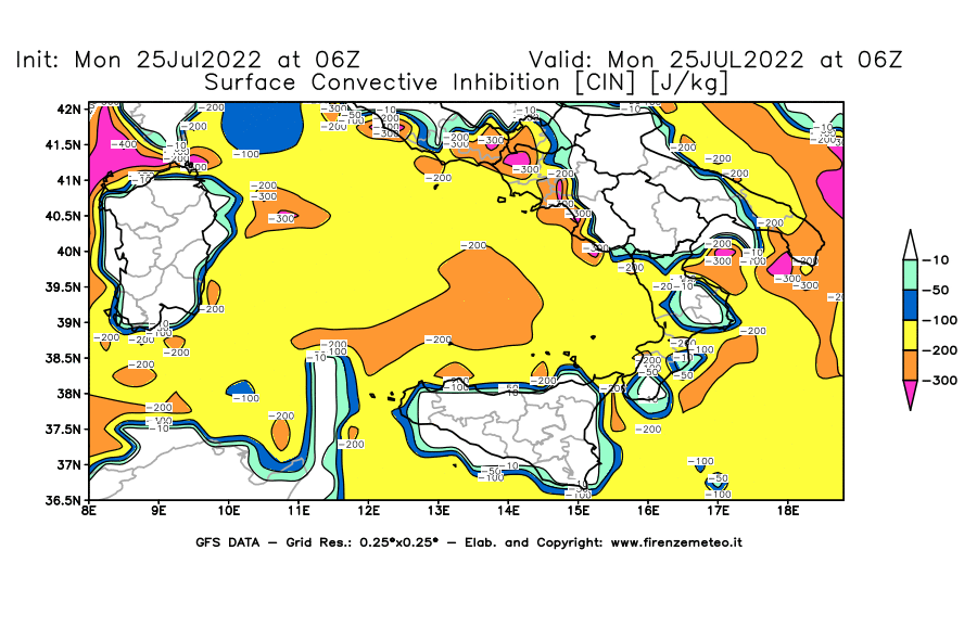 Mappa di analisi GFS - CIN [J/kg] in Sud-Italia
							del 25/07/2022 06 <!--googleoff: index-->UTC<!--googleon: index-->