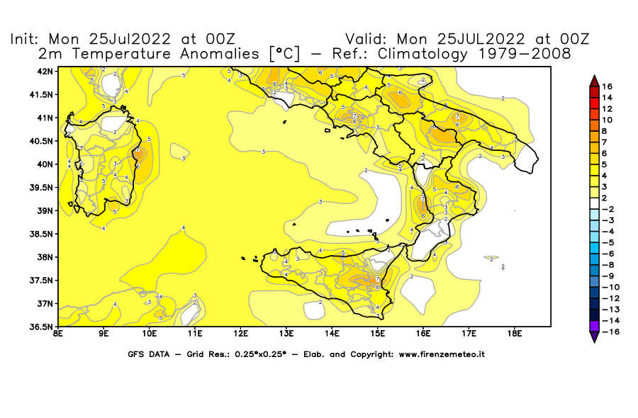Mappa di analisi GFS - Anomalia Temperatura [°C] a 2 m in Sud-Italia
							del 25/07/2022 00 <!--googleoff: index-->UTC<!--googleon: index-->