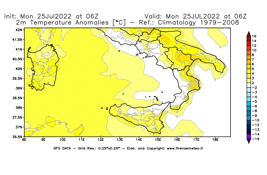 Mappa di analisi GFS - Anomalia Temperatura [°C] a 2 m in Sud-Italia
							del 25/07/2022 06 <!--googleoff: index-->UTC<!--googleon: index-->