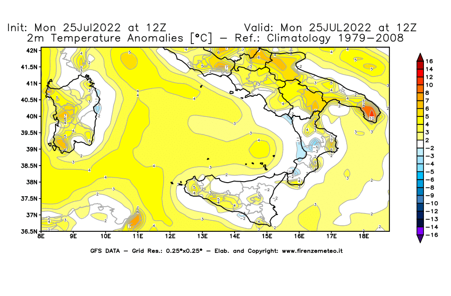 Mappa di analisi GFS - Anomalia Temperatura [°C] a 2 m in Sud-Italia
							del 25/07/2022 12 <!--googleoff: index-->UTC<!--googleon: index-->