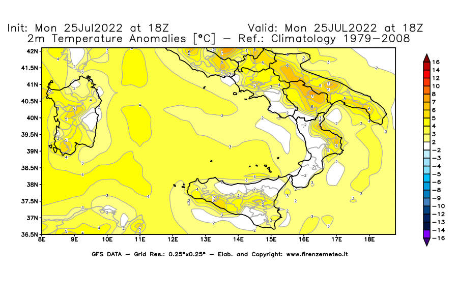 Mappa di analisi GFS - Anomalia Temperatura [°C] a 2 m in Sud-Italia
							del 25/07/2022 18 <!--googleoff: index-->UTC<!--googleon: index-->