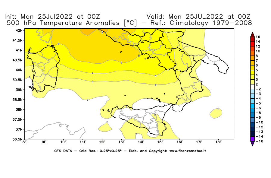 Mappa di analisi GFS - Anomalia Temperatura [°C] a 500 hPa in Sud-Italia
							del 25/07/2022 00 <!--googleoff: index-->UTC<!--googleon: index-->