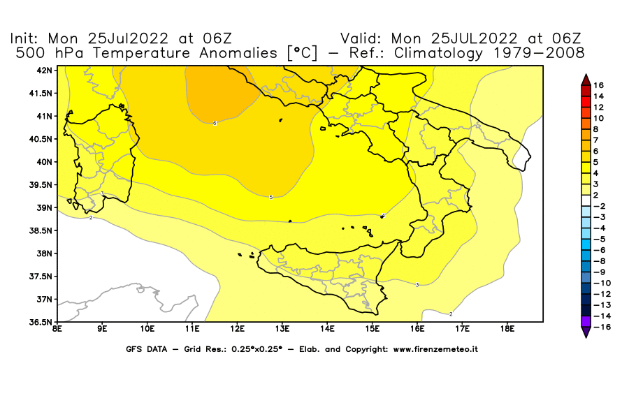 Mappa di analisi GFS - Anomalia Temperatura [°C] a 500 hPa in Sud-Italia
							del 25/07/2022 06 <!--googleoff: index-->UTC<!--googleon: index-->