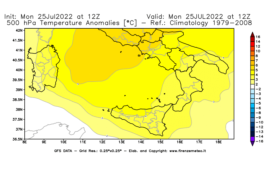 Mappa di analisi GFS - Anomalia Temperatura [°C] a 500 hPa in Sud-Italia
							del 25/07/2022 12 <!--googleoff: index-->UTC<!--googleon: index-->